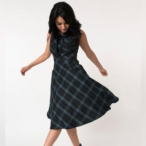 Unique vintage 50s swing bow plaid green large dress rebel love